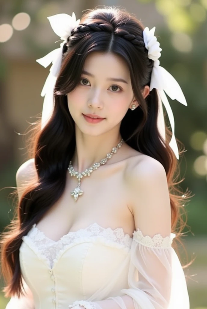 1girll,Best quality at best,hold_flower,long whitr hair,独奏,Looking_at_peeping at the viewer,Bare_bshoulders,big cleavage breasts,Detail three-layer lace wedding dress,white stockings,Bride,(super fine illustrations,tmasterpiece,best qualtiy,美丽细致的眼睛,1 rapariga,finedetail,depth of fields,4k wallpapers