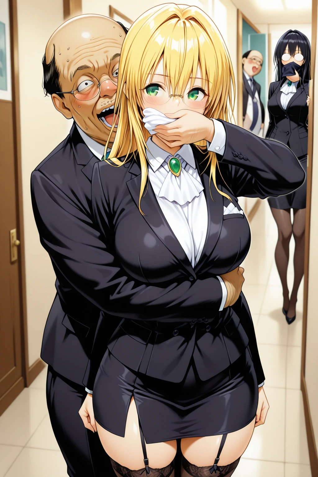 tearjulunatique, tearju lunatique, long hair, blonde hair, (green eyes:1.5), sidelocks, glasses, long sleeves, ascot, white ascot, gemstone, green gemstone, skirt, pencil skirt, classroom, (beautiful detailed eyes:1.6), extremely detailed face, perfect lighting, extremely detailed CG, (perfect hands, perfect ???????), (Old man grabs her breasts:1.5), Very embarrassed, Troubled laughter, 3 old man, (masterpiece:1.2, blush, My chest is grabbed from behind, Surrounded by old people, Breasts are exposed, (cowboy shot:1.5), (illustration:0.8)