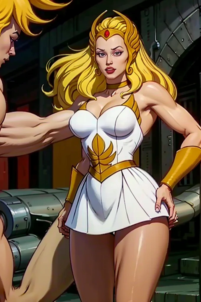(masterpiece:1.2), (best quality:1.2), perfect eyes, perfect face, volumetric lighting, 1girl, 1boy mature female, hand on hip, flexing biceps, long hair, blonde hair, seductive smile, blush, sweat, white skirt dress, soldier \(dq3\), winged helmet, gold bracelets, abs, toned, wide hips, thick thighs, huge breasts, sky, detailed background, ((sunset ambiance light:1.0))