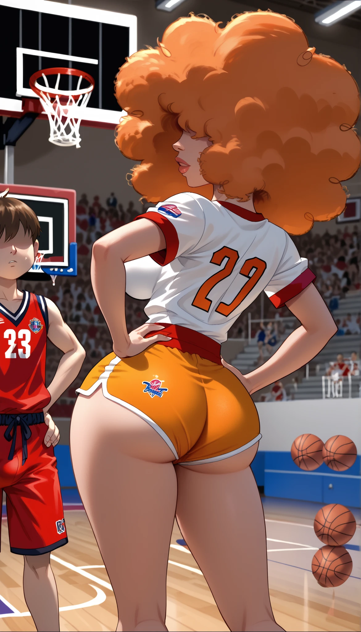 high quality, Anime_screencap ,(sara bellum,solo,Orange Hair,Big Breasts,Hair covering the eyes,big Hair,Orange Hair,Curvy Body,big ass,Big Breasts,Tall,indoor, (Basketball player uniform),hands on hip), (1boy,normal human,shota boy,faceless boy, short boy, men's underwear,Erection under clothes,)