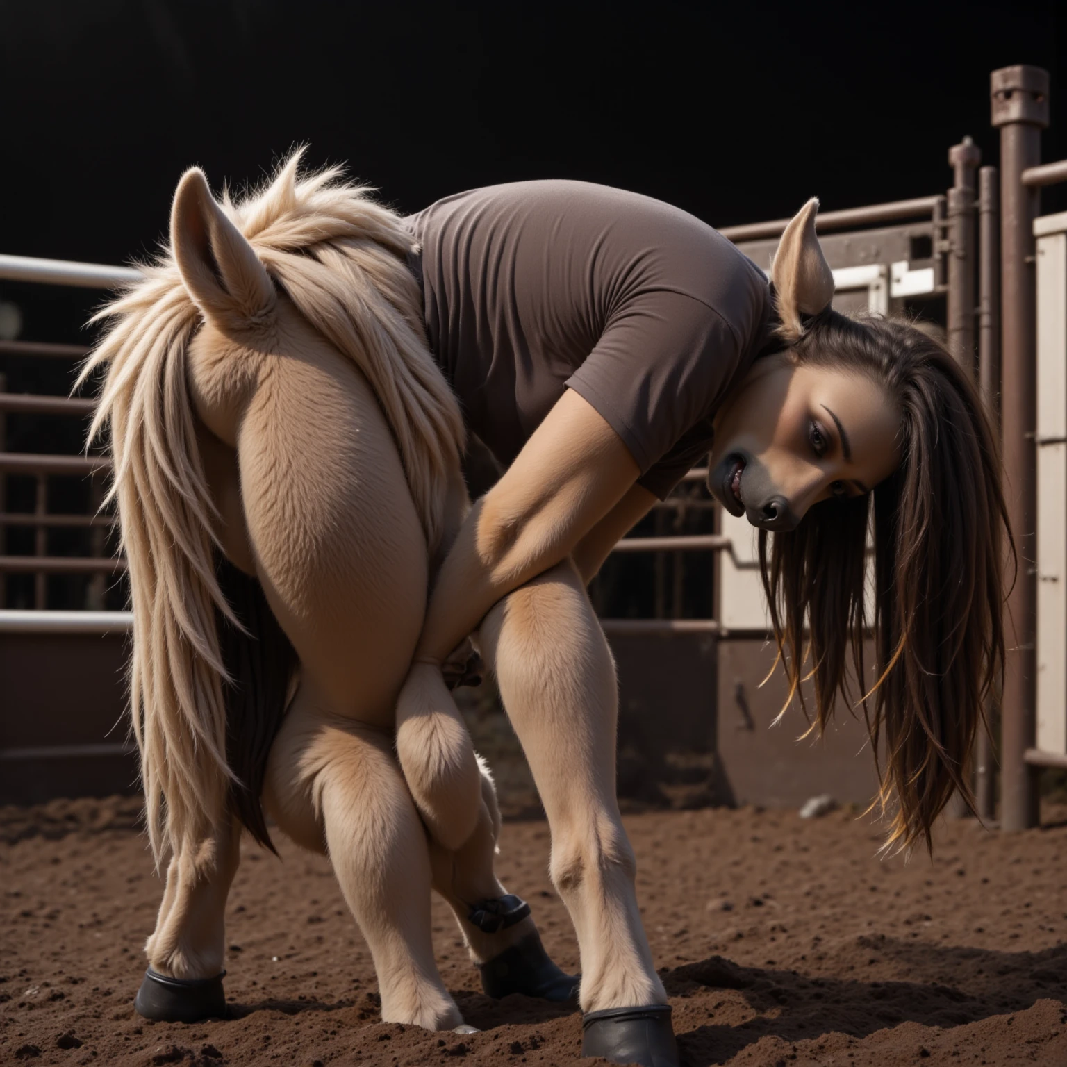 ((Naked solo Woman outside in grass opened field), ((on all four hooves)), ((long donkey tail)), ((wider hips)), ((woman reposition herself into horse stand)), (hands turns into hooves)), ((feet turns into hooves)), ((donkey ears)), ((donkey fur growing)) , ((donkey nose)), blue eyes, ((stands on hands and feet horse style position)), a donkey that is standing in a barn, inspired by Ron English, featured on zbrush central, photorealism, photo from vogue magazine, sideshow figurines, based on a puma