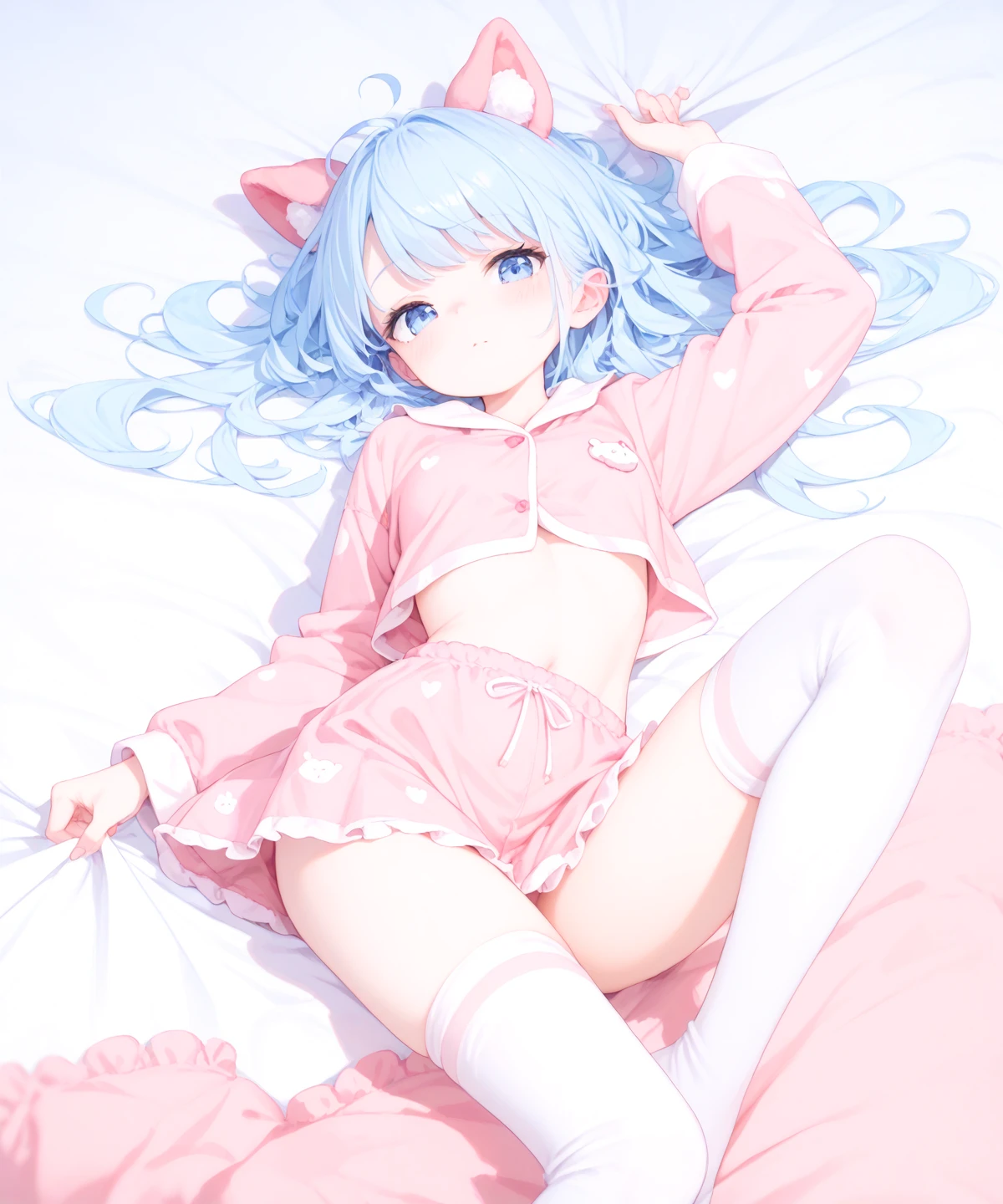 ((8k, Highest quality, masterpiece: 1.3)),Ultra-high resolution,(1 girl, alone), (Color changing eyes, Ultra-detailed, Expressive brilliance, Glitter, Glowing Eyes), Highly detailed eyes, Highly detailed face, Random Hair, ((pastel colour)),A bubbly young woman with pastel blue hair styled into loose waves, sitting on the floor of her sunlit bedroom during a bright morning. She is dressed in a simple yet flirtatious bunny girl cosplay, wearing a soft pink leotard, matching bunny ears, and a fluffy tail. The camera captures her from a slightly low angle as she giggles, holding a small stuffed bunny in her arms, her expression full of joy and playfulness. The room is filled with natural sunlight, with plush toys scattered around, a cozy blanket on the floor, and light-colored walls, creating a playful and cheerful atmosphere,(nsfw:1.2)