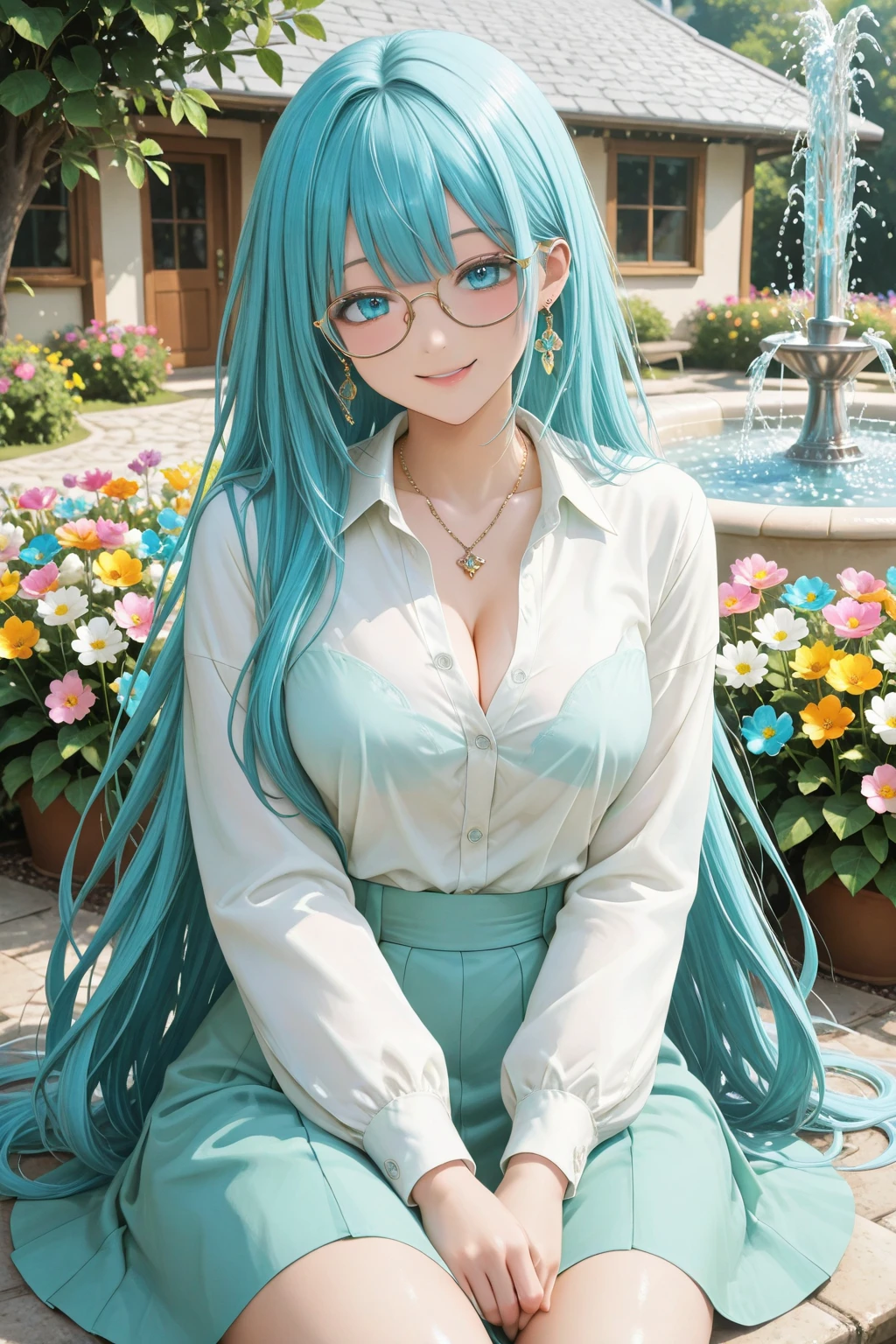 ((In the grass, a very cute woman wears a very short white silk miniskirt.) ((Wearing a white silk open shirt: 1.6.) 40k, masterpiece, best quality, ((gorgeous sky blue hair, she wears glasses on a beautiful face ,)), big ass full breasts until waiting to be worn, sexy seductive pose. ((:1.4)), super detailed face, detailed eyes. Full body photo --auto --s2