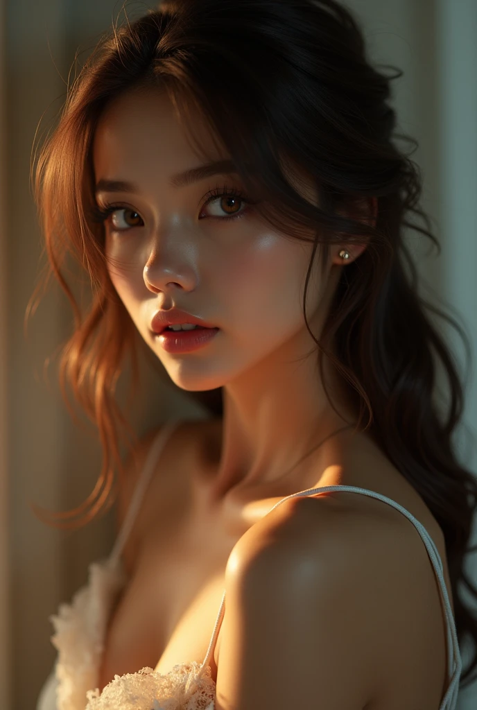 ((full body picture)):1.45,beautiful light green colored eyes, (body shape is a pear):1.33, (slightly chubby face):1.32, (round face form):1.31, soft lighting, dreamlike ambiance, adorable smile, sparkling eyes, rosy cheeks, look into camera, (Solo russian 26yr old girl, little chubby, 162 cm height, weight 60 kg, dark chestnut hair, elongated square haircut, chest 84 cm,  waist 66 cm, hips 95 cm, ribcage 76 cm, 75AA size breasts):1.5, Отблеск от линзы, Шедевр, Реалистичная анатомия, (35mm f/0.8L lens)