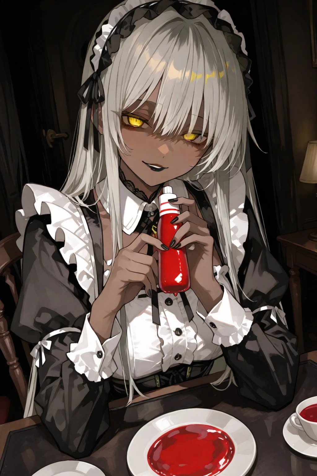 (blood sacrifice:1.5),(far profile:1.1),(emerald cup:1.2),(1 black demon),vomiting blood into the cup,1 beautiful girl and 1 black demon, pact with the devil, witch with demon,