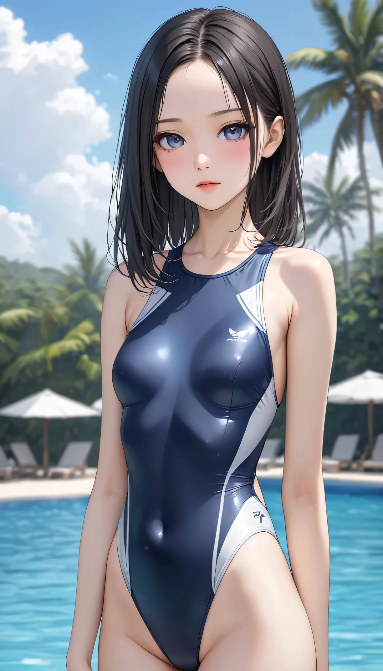 ((masterpiece, best quality)),((highres:1.2)), 1 Girl, solo, Blurred Background, (Straight Hair:1.2), ((One piece swimsuit)), ((flat chest)), Thighs, pool, ((Groin)), (slanted eyes), ((Special pose:1.2)), ((leg lift)), (Pencilskirt), bangs, short hair