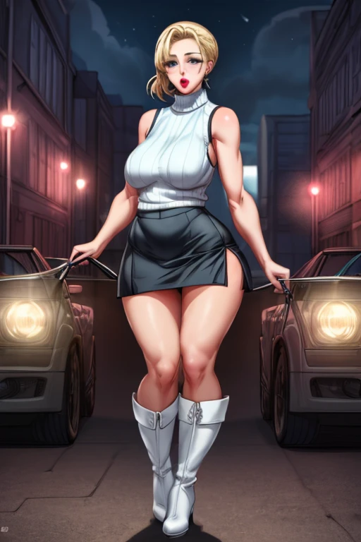 wavy silver hair that cascades to the middle of her back.  Brown eyes.  Slim and athletic build.  She was wearing a  skirt in shades of blue, a light blue shirt.  He was wearing sports shoes. Very Busty. Marvel style, comic style