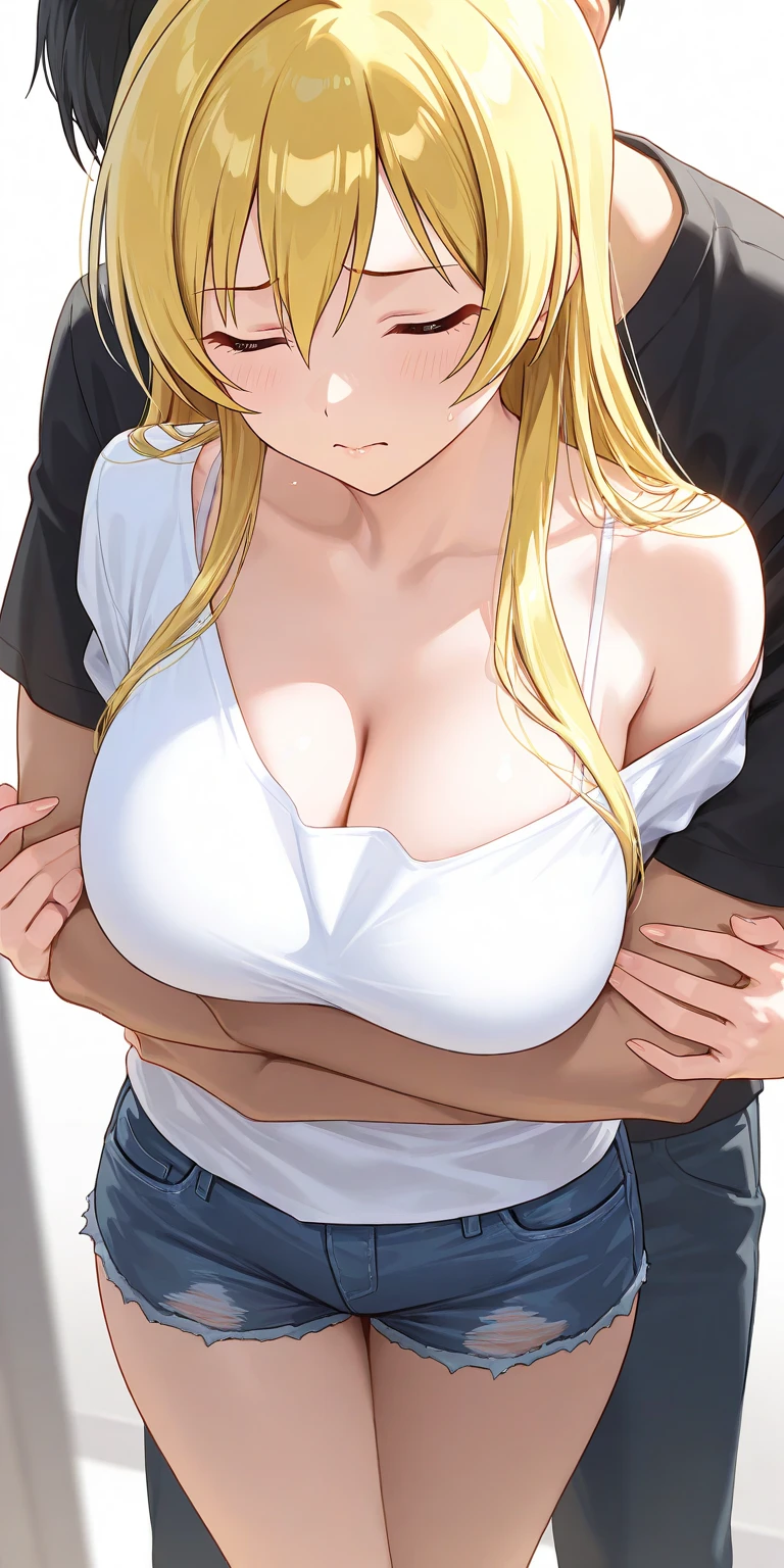 score_9, score_8_Excellent, score_7_Excellent, Hello、he, Brown eyes, blonde, Multicolored Hair, Long Hair,Long sleeves Round neck ,Khaki T-shirt maxi ((tight)) dress、Are standing,Big Breasts、One Girl、One boy、The Faceless Man、A man hugs a woman from behind、((Grab your chest))