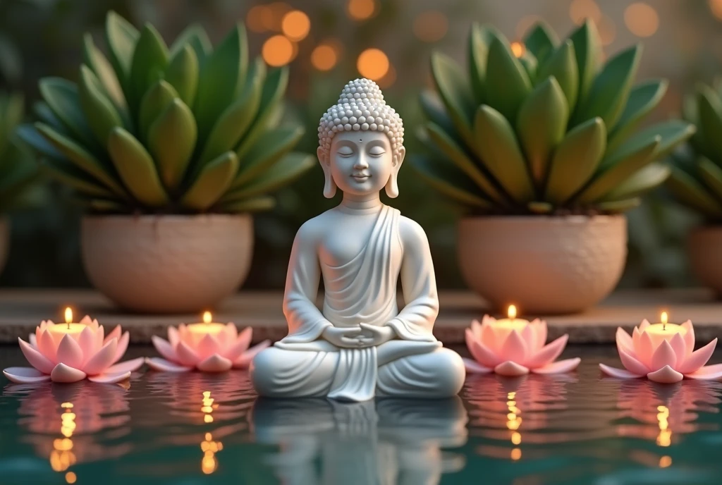 Buddhist holy day celebrating Siddhartha Gautama White flower adorned Buddha statue on blue backdrop Mental well being and meditation theme Soft focus room
