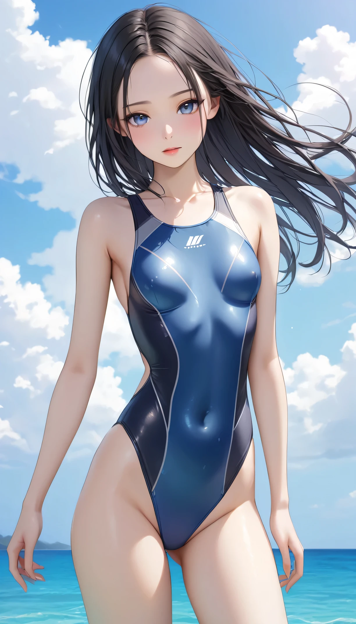 (((4K,masterpiece,best quality,ultra detailed,high resolution))),(daytime,clear weather,front light),((solo)),(beautiful woman,teenage),(black hair,long hair,blunt bangs,straight hair),(beautiful face,beautiful eyes),(finely detailed skin,fair skin),light smile,(one-piece competition swimsuit,navy swimsuit),(beautiful lake,beautiful sky),(small breast,perky breast,small hip),((cowboy shot,from below)),