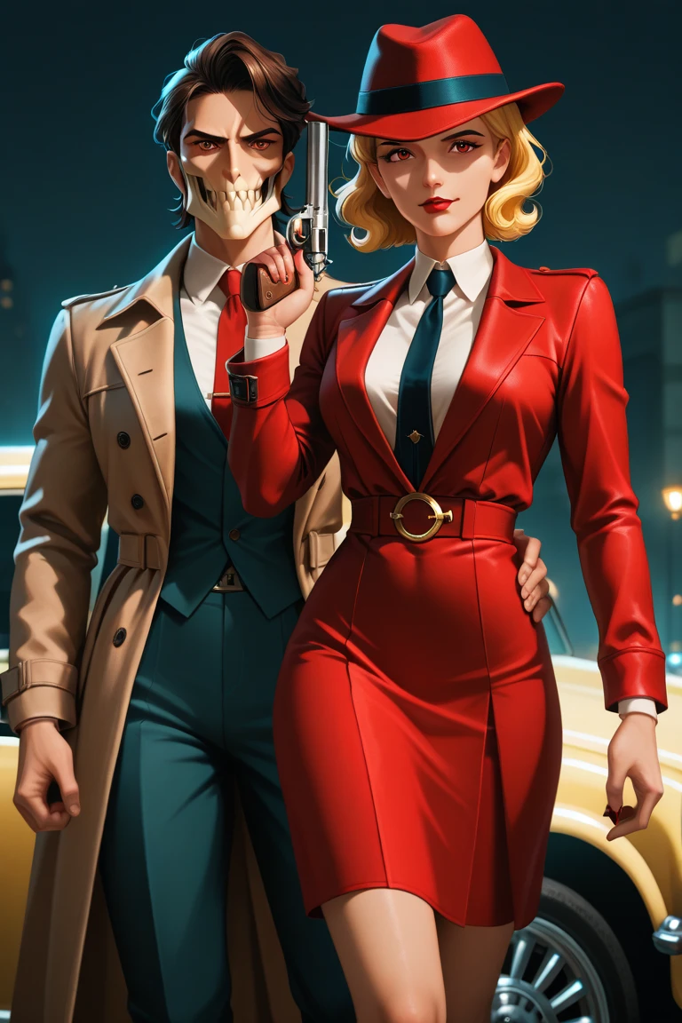 handsome secret agent encounter a lethal fembot, midcentury modern poster illustration --auto --s2