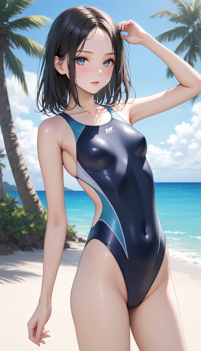 Highest quality, masterpiece, Ultra-high resolution, (Realistic:1.2), RAW Photos, Intricate details, Portraiture,　Big beautiful blue eyes, Perfect contours, Girl, break　((full body:1.2, from abobe:1.2, ((side shoot:1.2)), looking away:1.2)), (petite, short, tiny girl:1.2), Black Hair、Braided Bob, (perky breasts:1.2, high breasts:1.2), (curvy waist:1.2), Competitive swimmer, (one piece:1.2, turtleneck:1.2, Sleeveless swimsuit:1.2, barefoot), (High gloss metallic grey, tight high leg swimsuit:1.2), break (Standing on the summit of a lofty and isolated mountain:1.2, Close your legs:1.2、(Arch your back and stretch)、(Anxious expression、His mouth is twitching with fear、Watery eye), (Wet Skin), armpit, (empty-handed)、The background is the sea、Small islands are scattered、