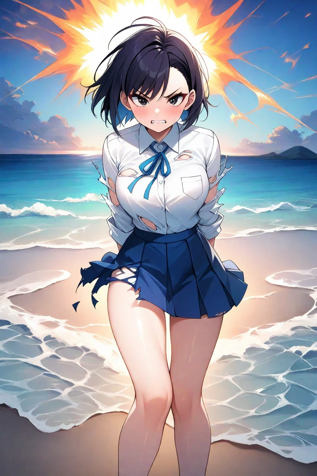 1young_teen_The girls、Loli、brown_hair、medium_bob_hair、blue_midriff_baring_sailor_uniform、mini_skirt、short_sleeve、thickthighs、big_tits,closed_eyes, Sorrisos、open_mouth、dynamic_pose_standing ,dock_background、spread_legs、happiness、NSFW、short_gloves, (wet:1.4),transparent,covered_nipples, covered_crotch, under_tits, sweat, bare_thighs, (groin:1.5), tan_skin,