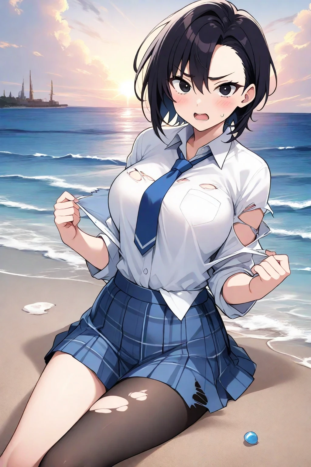 ((portfolio:1.2)),Perfect hand drawing、((Place one knee on the ground:1.2)), (Angle from below:1.2)、Beautiful body lines、1 beauty, (thick neck:1.4)、(broad shoulders:1.4)、(Smaller face)、(pointed breast:1.6)、((long-haired black color:1.2))、Model body type、(Smaller chest:1.2)、17 age、Sharp eyes、Watery Big Eyes、Impatience and shy laughter:1.2、((student clothes:1.4))、(White shirt and knee-length navy skirt:1.2)、(facefocus:1.4)、evening、Extremely detailed, Detailed background, Cinematic lighting, (Pull up your skirt to show your underwear:1.2), ((Roll Up Shirts:1.2)),((gold color bikini swimsuit:1.2))、(On the sandy beach:1.2), Footboard beauty,