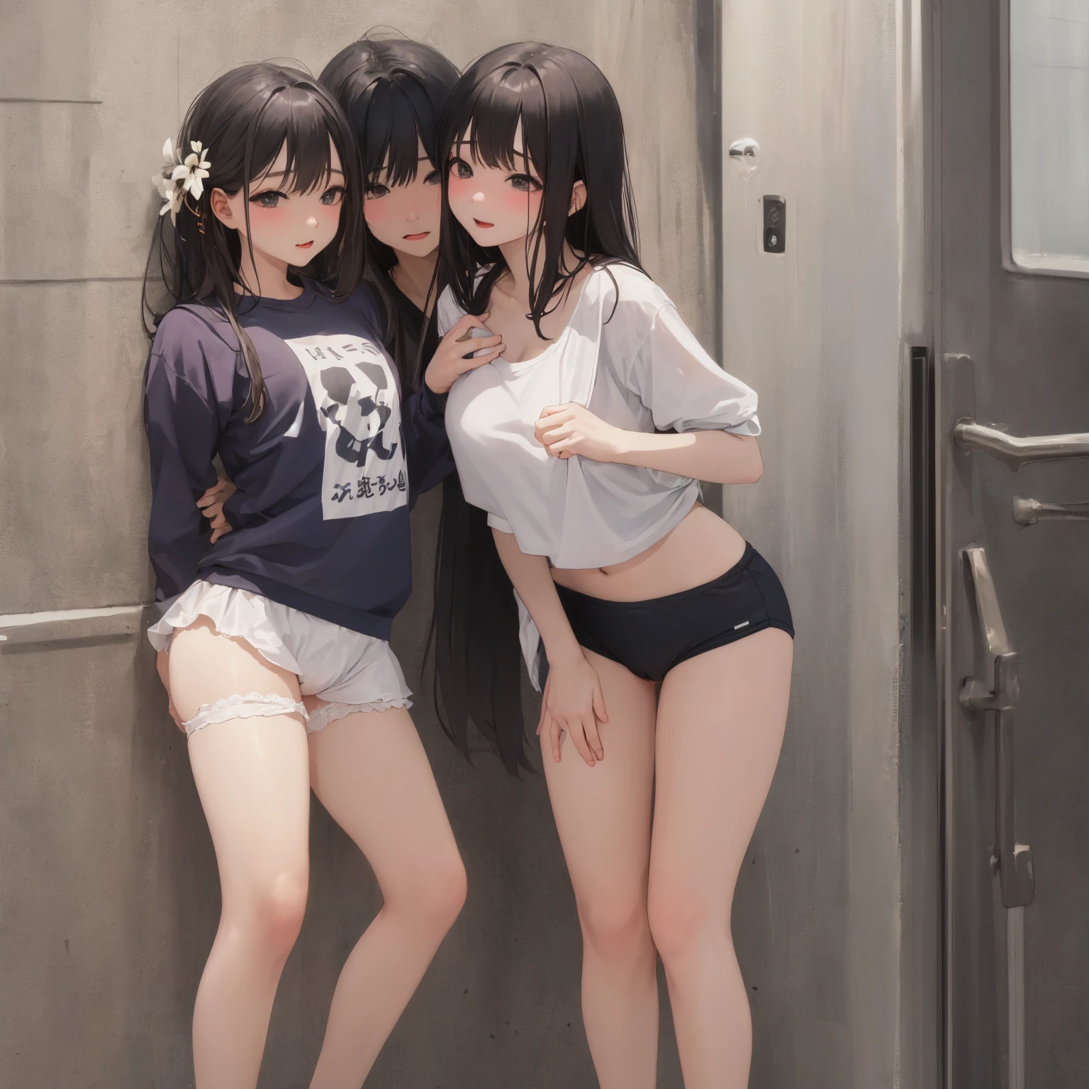 Completely naked,highest quality,black hair,One female manager,nipple,pubic hair,masterpiece,Pussy,training camp,Enter the changing room with the male members.,smile