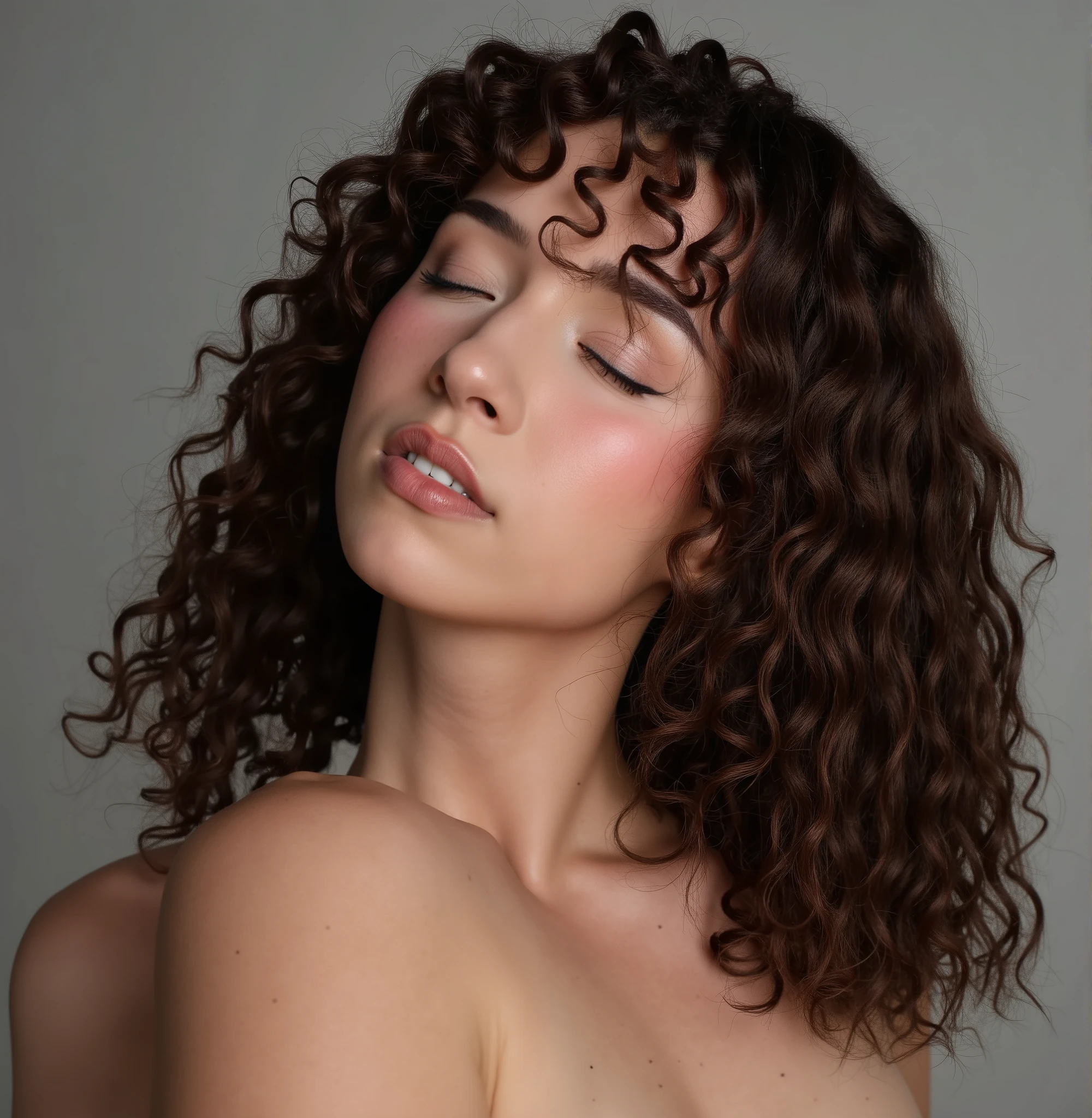 pokimane, A studio photography of a beautiful woman with her eyes closed, shot on sony a7riv camera, indoor, soft diffused studio lighting, minimalistic, photorealism, 4k resolution, ultra high quality, realistic proportions, low contrast, face focused, the woman has brunette relaxed curls layered hair Moroccan woman, long curly hair