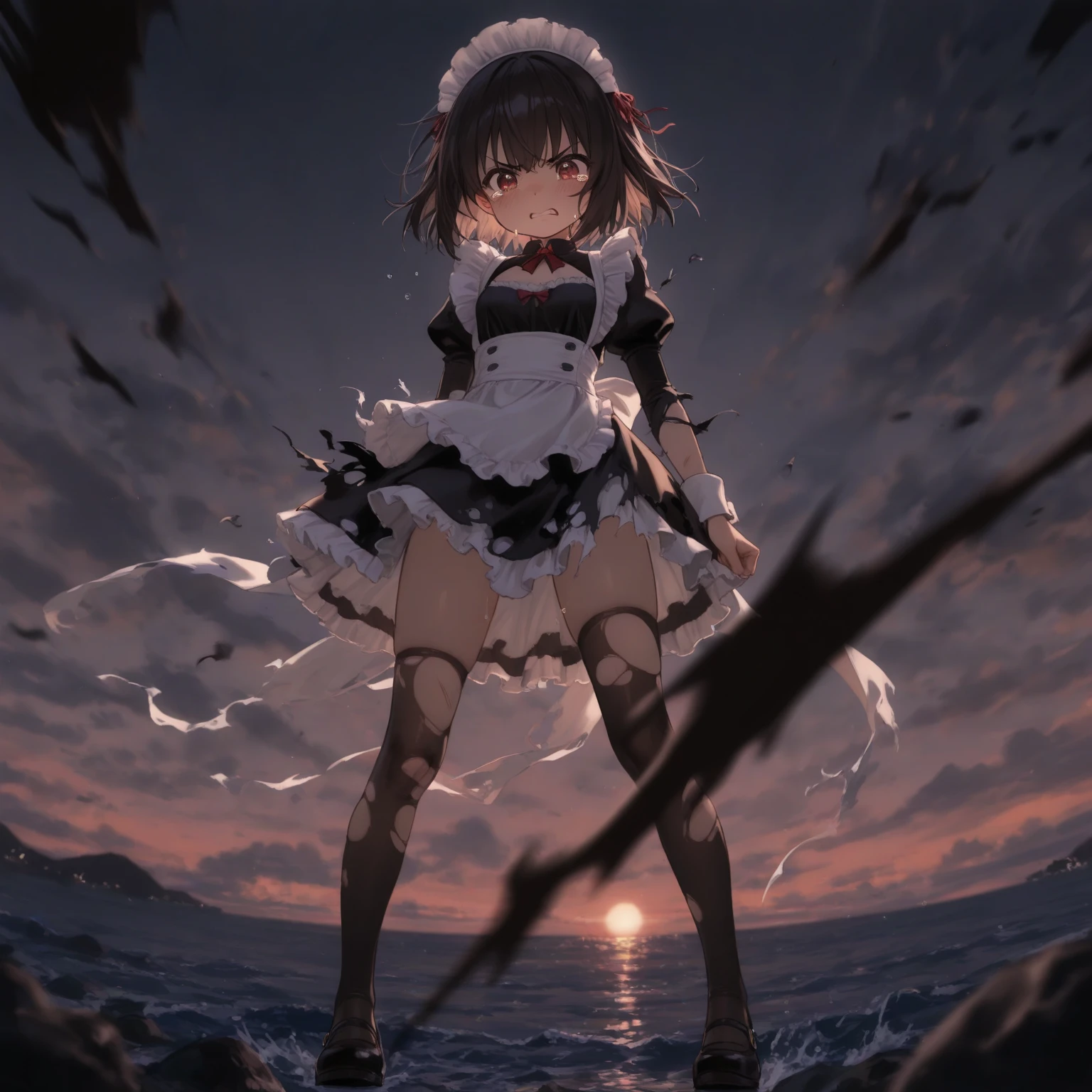 1 girl in grey school uniform with a belt, holding gun, pile of corpse, laying on ground, suffering, choked, struggle, open mouth, moaning, saliva, closed eyes, ecchi anime style, detailed full body, thigh-high socks, micro mini skirt, (torn clothes, white panties:1.1), sailor collar, scenery, explosion, battlefield