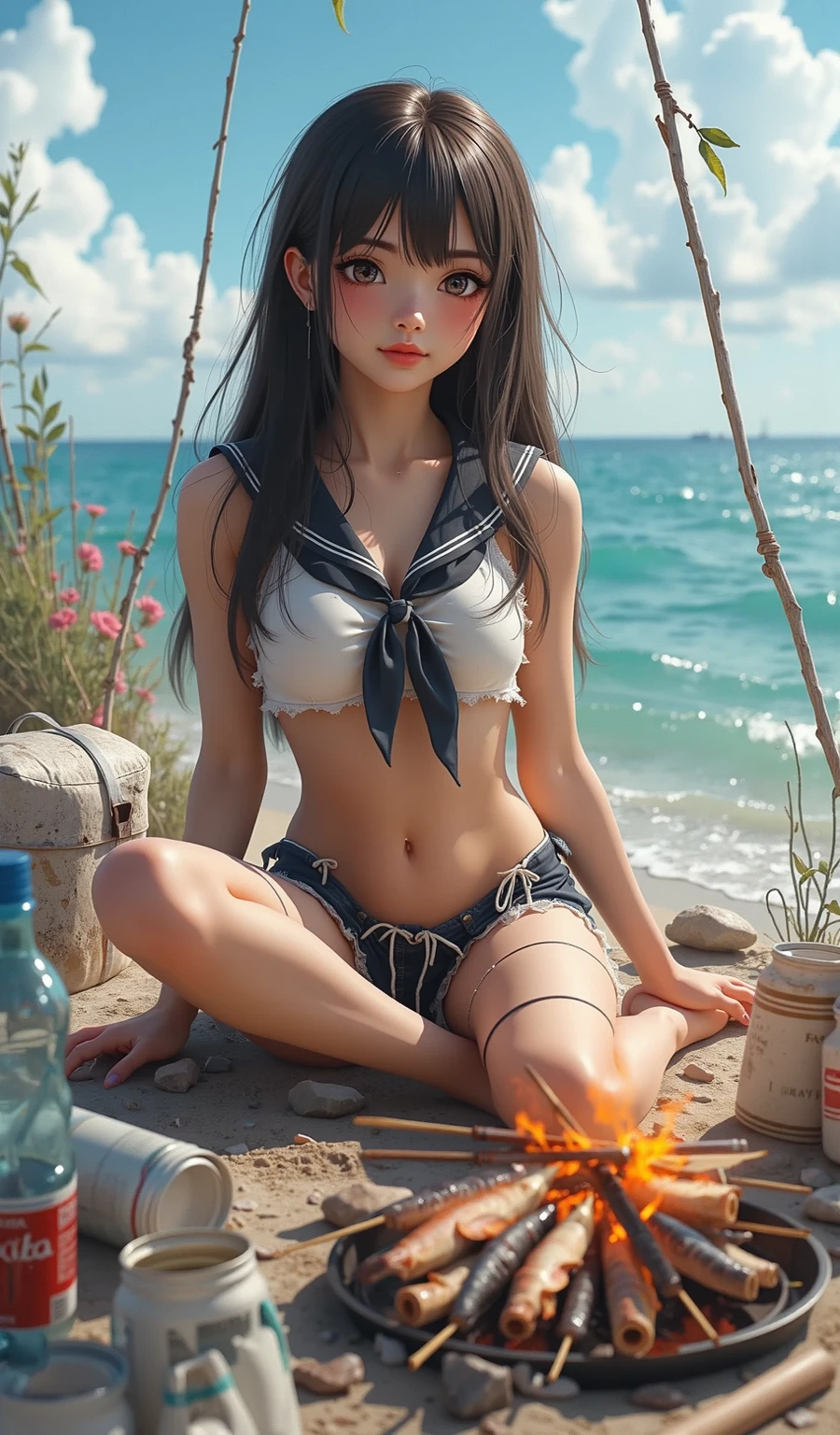 Pure and sweet，Japanese idol，Puff breasts，ssmile，heal，outside，rays of sunshine，beachside，swim wears