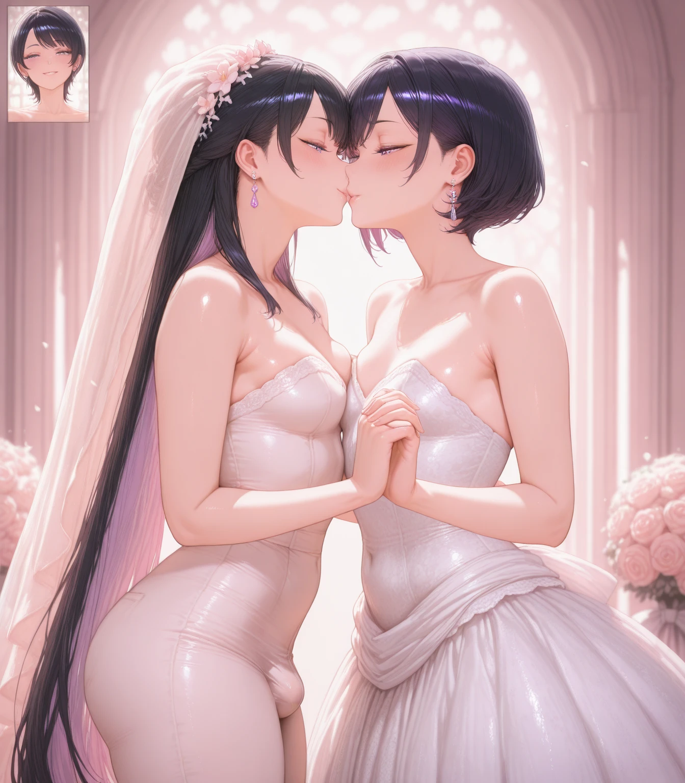 The wedding scene you described is a beautiful and intricate one that features an androgynous person dressed in a sleeved turtle necked weaving lace and sockings. The person is wearing half undressed, a wedding gown with a long veil and monarch train. The wedding bed has floral designs and decorations in the background, as well as cinematic lighting and dynamic lighting that blend naturally.
The kissing scene between the male and androgynous person is passionate and full of emotion. Their bodies are both covered in lipstick, which adds to the intimate and sensual nature of their interaction. The scene also features bulges and nipple piercings that add to the eroticism of the moment. Overall, this wedding scene is a stunning example of realistic and hyper-realistic photography that captures the essence of passion and love in a unique and visually appealing way.