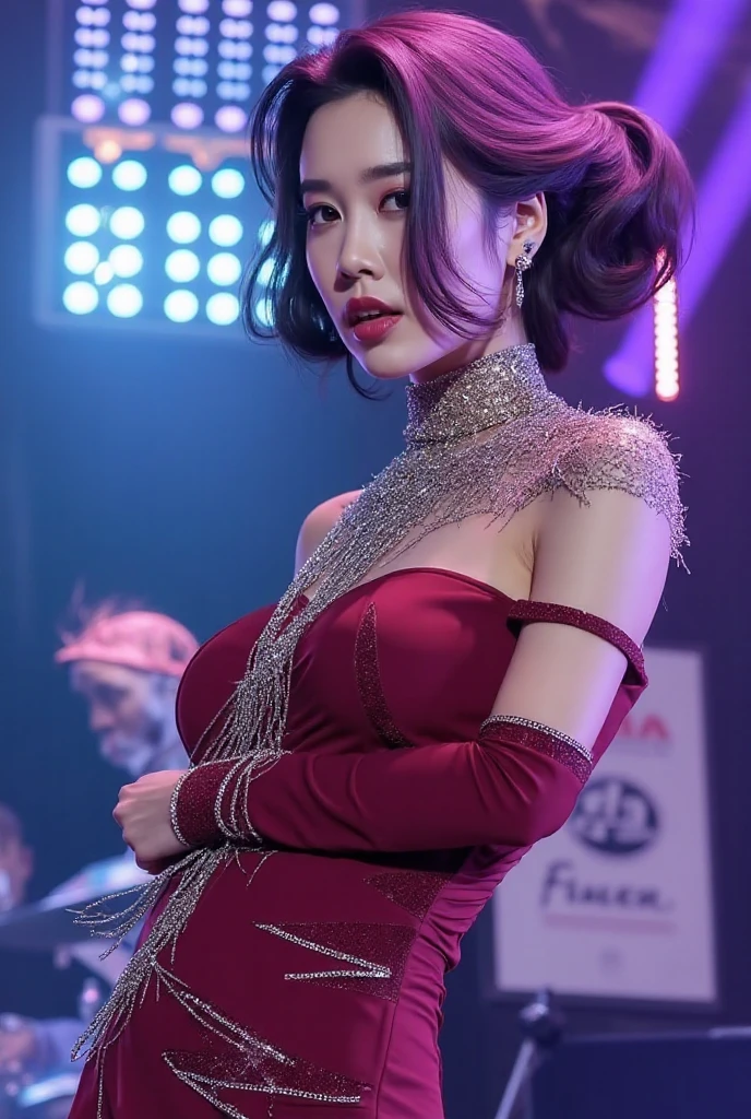 ((top quality、8k、masterpiece:1.3))、Extremely exquisite beautiful girl,full-body shot,Huge breasts,Breast enlargement,amazing breast size,G cup。Wear big earrings,The skin is very white,Hydrating red lips,Very thin waist,Thighs are very thin,Big Ass,Fair and smooth skin,Smooth and fair skin,Flawless skin,Fair and shiny skin,Cool white skin,front Photo,(Show her breasts),(Three-point underwear catwalk:1.7)Breasts showing nipple stickers,Bright light,(transparent:1.3),,Bare shoulders,Light pink hair,The hair is light pink,stage,Red Carpet,Cannes Film Festival,