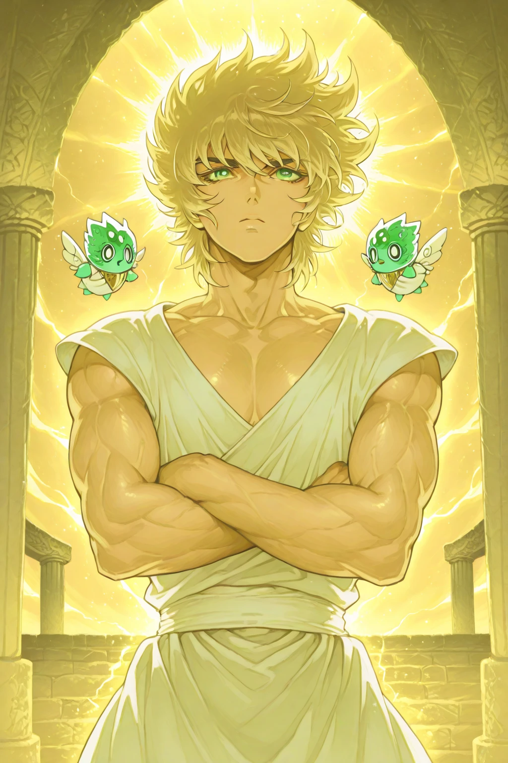 (masterpiece:1.3), (best cinematic quality:1.2), (extremely detailed setting:2), (soft+artistic lighting), (1boy), short orange-red haired, (eyes+yellow+red:1.4), (multicolored eyes+heterochromia), wearing 70's orange jojo clothes, futuristic, in yellowstone national park, is a mostly shirtless young gene wilder