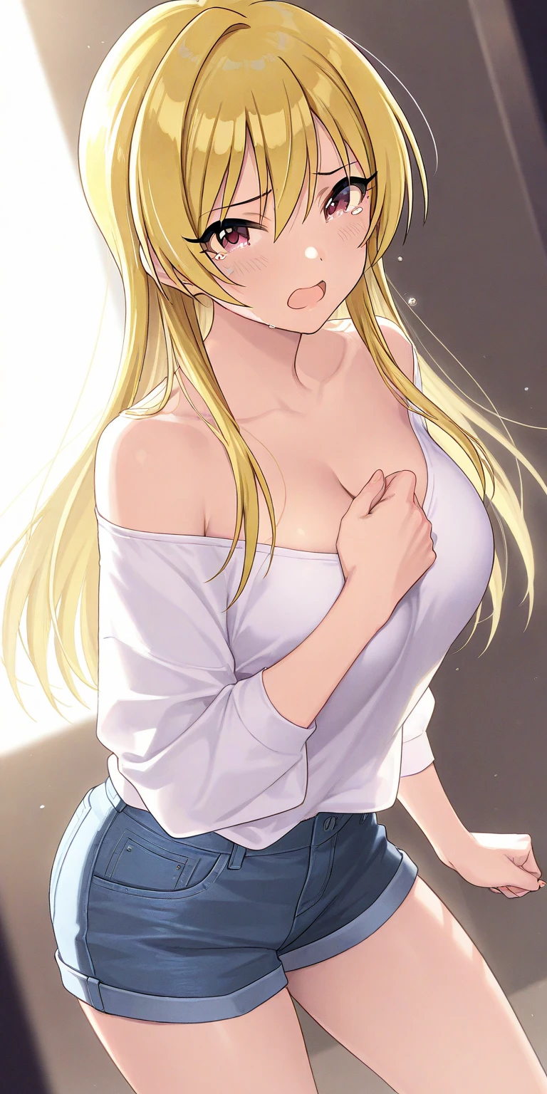 One girl, Blonde, ear, blue eyes, Garment Lift, alone, hair ornaments, Hair Clip, Long Hair, Lift up your shirt, Braiding, View your viewers, lips, Mouth slightly open, Lifted it himself, Upper Body, belly button, White shirt,