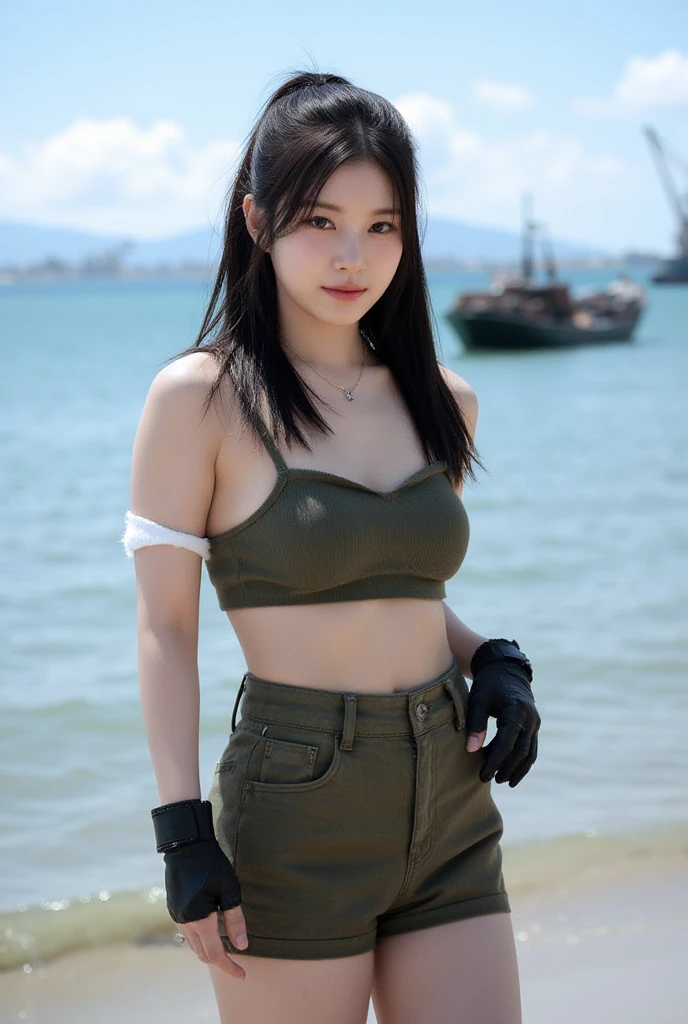 close-up of beautiful South Korean, Kim Sohee is a ex-ALICE South Korean pop girl group, age 24 years old girl, youthful face, perfect body, white body skin, shoulder hair, black hair, straight hair, flat bangs cut, 36 inches breasts size, wearing a plain standard black strapless tube top, wearing a tight camouflage mini short leggings, Sohee holding breasts with her own two hands is very sexy and sigh, Sohee squeezes the breasts very seductively, Sohee lowered her strapless tube top a little bit, Sohee sits on the male-only male-only military training camp, Sohee pees in the male-only military training camp with a sigh and seductive, Sohee pees, Sohee peed herself until she was wet, ((peeing self)), ((wet pee)), ((Sohee was visited by male soldiers)), Sohee's hair was held by one of the male soldiers, then the male soldier held a scissor to cut Sohee's hair, Sohee's hair was cut short by male soldiers using a scissor, ((Sohee's hair was cut short by male soldiers using a scissor)), strand by strand Sohee's hair fell to the floor, ((the rest of Sohee's hair fell to the floor)), Sohee felt aroused and tense when her hair was cut by the male soldier, ((Sohee felt aroused and tense when her hair was cut by the male soldier)), sexy looking pose, pose a naughty look, pose looks seductive, at the male-only military training camp, male-only military training camp background, UHD