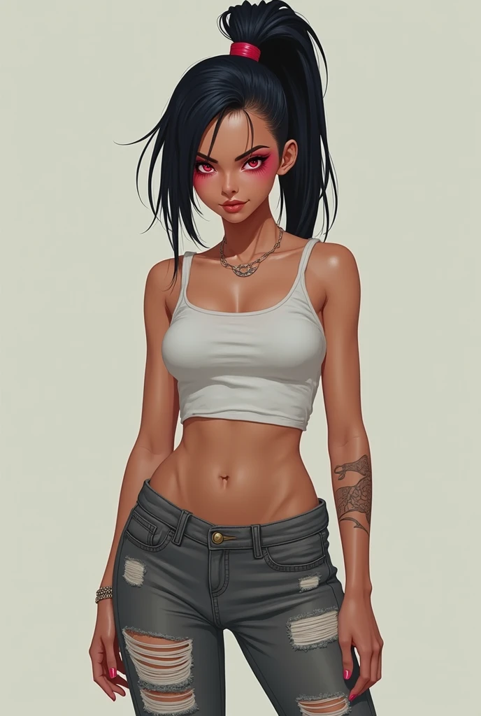 1girl, tattoos, petite body, dark skin tone, small chest, portrait
