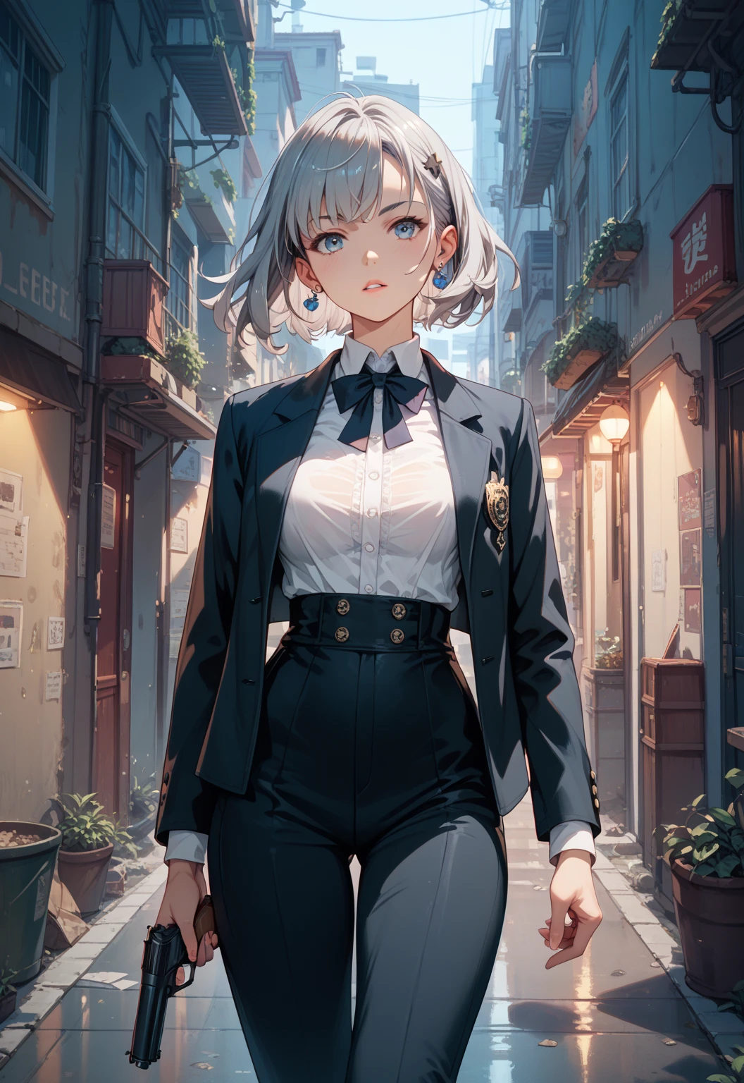 Meiko is a tall and attractive, young busty woman with gray hair that she wears in a bun with bangs swept to the right side while she has neck-length hair strands hanging on either side, brown eyes with oval-shaped glasses, and a slender but voluptuous body.
She is usually seen wearing the school uniform with a miniskirt, oval shaped glasses, tights, knee-length boots and an open collar, showcasing her cleavage, and brandishes a horse-whip for torture methods on the prisoners. In middle school, she used to have medium-length straight hair with square bangs hanging over her forehead before a younger Mari Kurihara convinced her to tie her hair back. She is known to sweat quite profusely when facing fear of upsetting or disappointing Mari in any way.