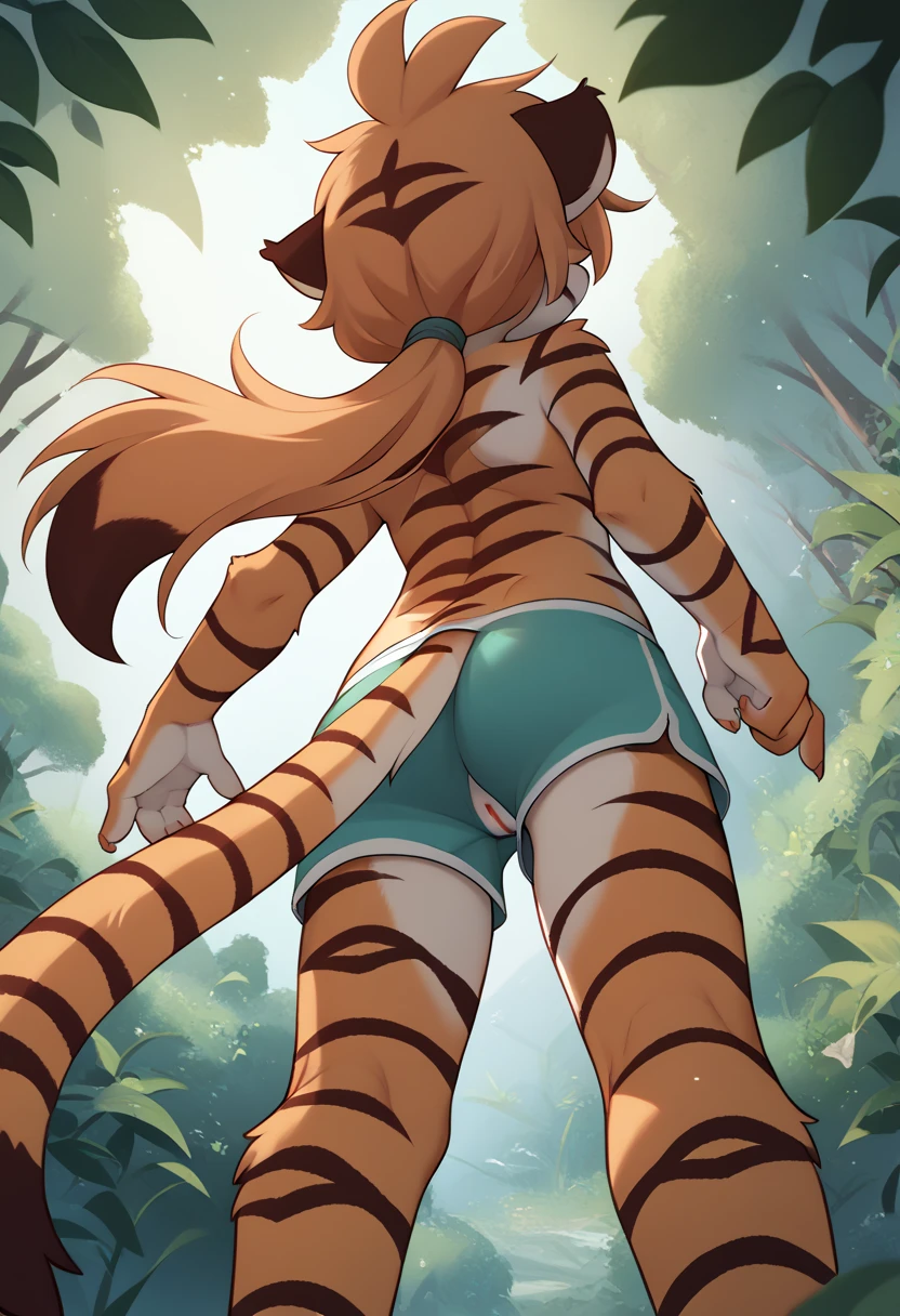 score_9, score_8_up, score_7_up, score_6_up, source_furry, rating_explicit, (solo, solo focus, 1girl:1.5), naked, long hair, midriff, navel, open mouth, smile, standing, breasts, vagina, forest, trees, sitting down, cute face, large eyes, wide hips, thin waist, athletic, flat stomach, lean, medium breasts, tkflora, tiger, striped fur, keidran, yellow eyes, butt, tail raised, spread legs, pussy visible, low angle view