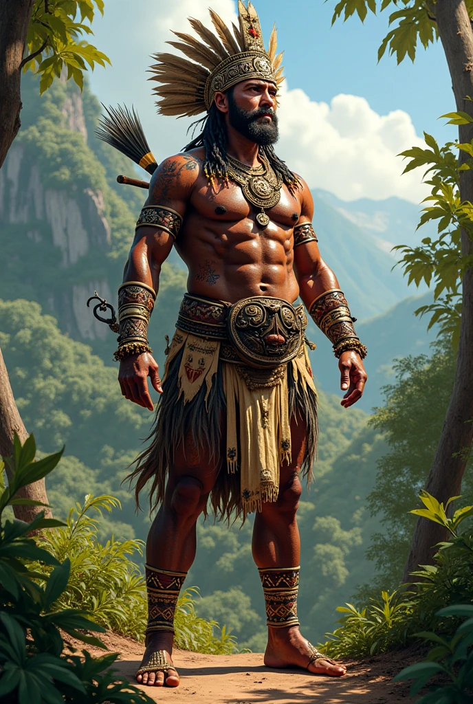 Indigenous soldier of 1.6m high, feathers on the head, a baton as weapons