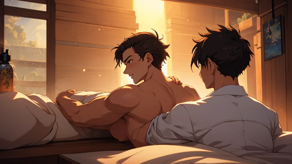An angry man watching from afar two other different men lying in bed hugging each other in an anime drawing hd