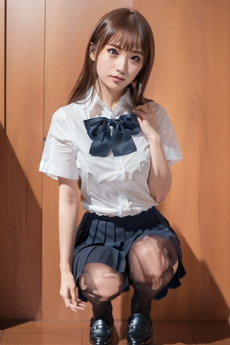 (Highest quality、Highest quality、Highest Resolution、masterpiece、detailed、Live Action)、
(((Lift the hem of a pleated skirt with your hands)))、
(((Grab the hem of your pleated skirt with your hands)))、
(((Wear pantyhose up to the waist)))、
((Floral Pantiesを見せて))、
((Floral Pantiesが見えている))、Floral Panties、
1 Japanese female、
Cute Japanese Woman、
Beautiful 20 year old Japanese woman、
Slim figure、
Ultra-slim body shape、
Small breasts、
Silver Hair、
The Woman'Body facing the cameraman、
smile、
whole body、
Standing posture、