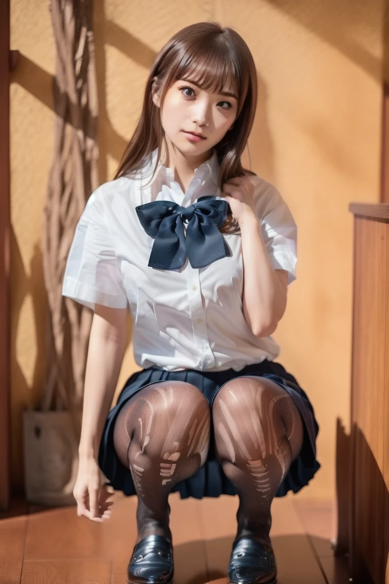 High resolution、High level image quality、8K、real live action、生picturegraphy、highest quality、masterpiece、table top、erotic、student、pink good,white skin,knees,(黒pantyhose),Detailed panty pattern、panties focus、pink panties、small panties、absurd,small face、huge breasts、前hairを真ん中から分けます、I can see the forehead,(cold look<eyeがきつめ,glare,strong,thin anger)、masterpiece,highest quality、超High resolution,生picture,Len,beautiful feces,one person, solo,dark look,small breasts,whole body、very nice、jk ,high school girl,japanese woman,standing,(Photoreal:1.37)、photon mapping,light blue ribbon,realistic、かわいいsmall face,ブラウンeye、black socks、22 years old、(red bow tie)、radio city、物理ベースのLenダリング、prospect、depth of field rally background、picture,with a girl,beautiful feet, long legs, thin legs,long bob cut,(前hairが見える), hair, lips, green_eye, nose soft,(white shirt), (navy pleated skirt), navy blue uniform jacket、white sweater vest、kneesが見える,thin clothing,, thigh, black cotton socks,Nogizaka Idol, , japanese id、キラキラしたeye、光沢のあるlips、showing legs、low angle shot from below、pantyhose、white panties