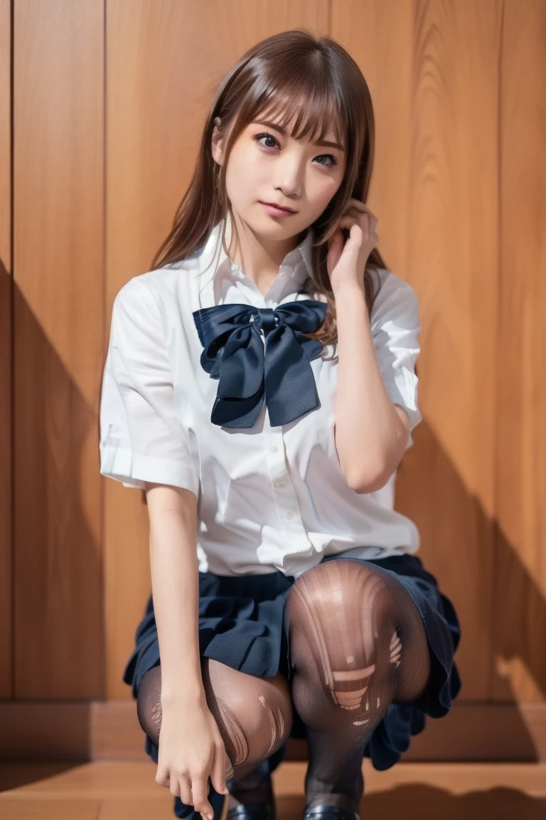 (NFSW:1.3), ((masterpiece)), ((Highest quality)), (Very detailedな), ((cute)), cute, (Multi-point), ((sexy)), (device), ((Very detailed)), 4K, (8k), Highest quality, (beautiful), hyper cute face, shape, Anime Style,hyper Genuineistic, Genuine, Dynamic Angle, ((whole body)), close, Thick outline, Clear contours, at school, (1 girl, cute girl:1.5), (Schoolgirl uniform :1.5), beautiful light brown hair, beautiful brown eyes, ((beautiful eyes)), (Squat with your crotch wide spread, Look forward, Showing off her purple thong:1.5), short hair, Huge saggy breasts, Big cleavage,shoes, smile