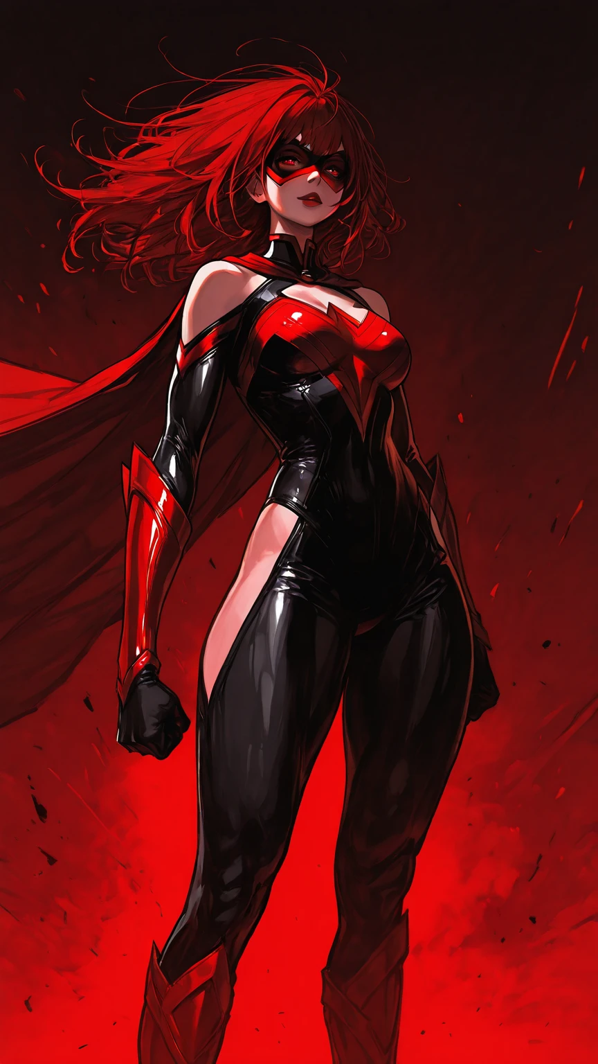 Red skin succubus tiefling, medium breasts, black horns, wings, huge tail, black leather, tall, toned, graceful, thin, long black ponytail. Action scene, shotgun.