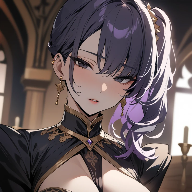 (masterpiece, best quality), intricate details, thin, ((slim)), beautiful girl, Purple hair tied up, white skin, dark red eyes, sharp jawline, crop top, messy hair, plump lips, upper body, close up, smirk, milking, seductive
