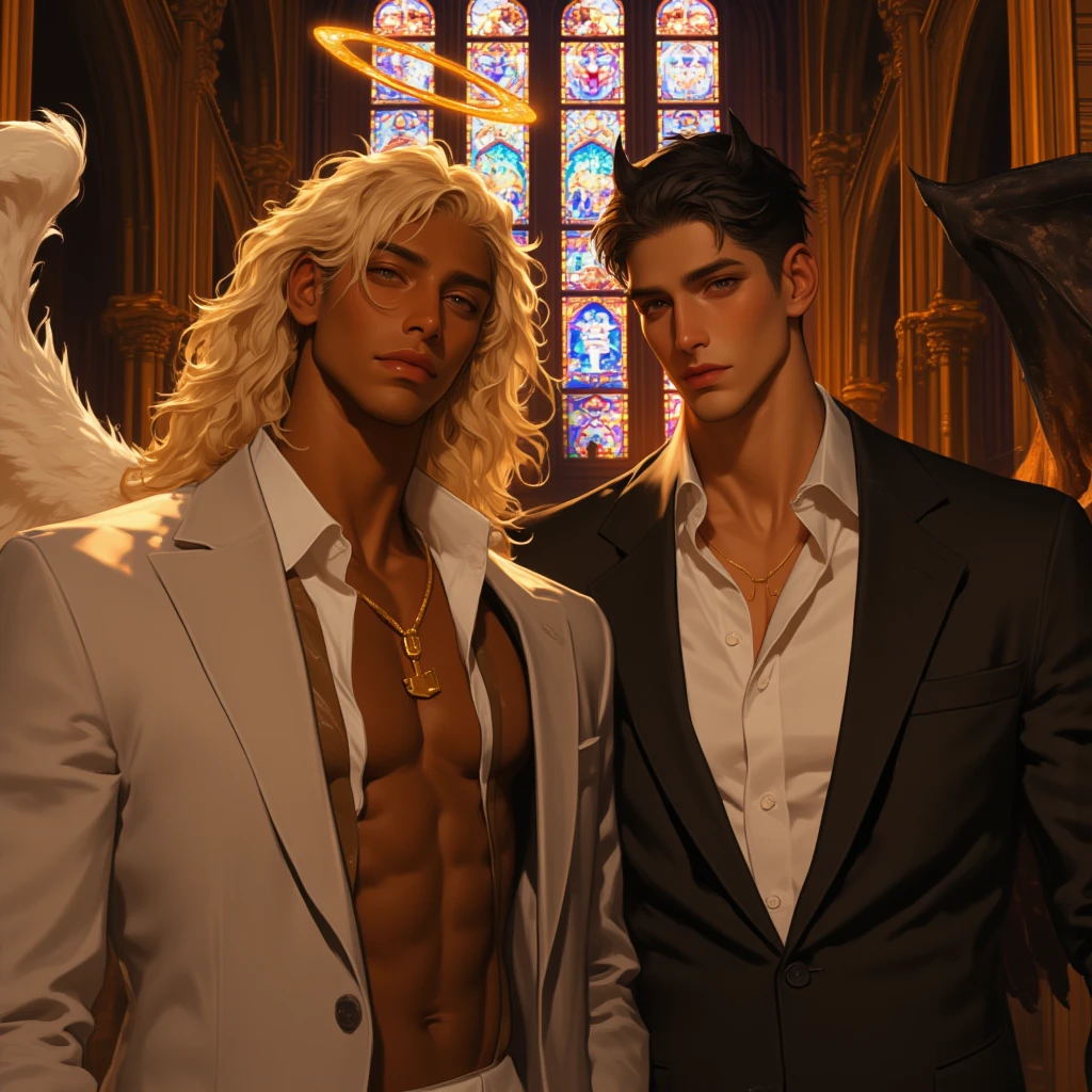 Male character, handsome, dark skin, black wings, wearing a red suit, long white hair, emerald green eyes, his appearance is that of a fire demon, his body is that of a fire demon with giant horns, a bestial body, an intimidating appearance, its appearance is identical to that of the fire demon Ifrit, blue background