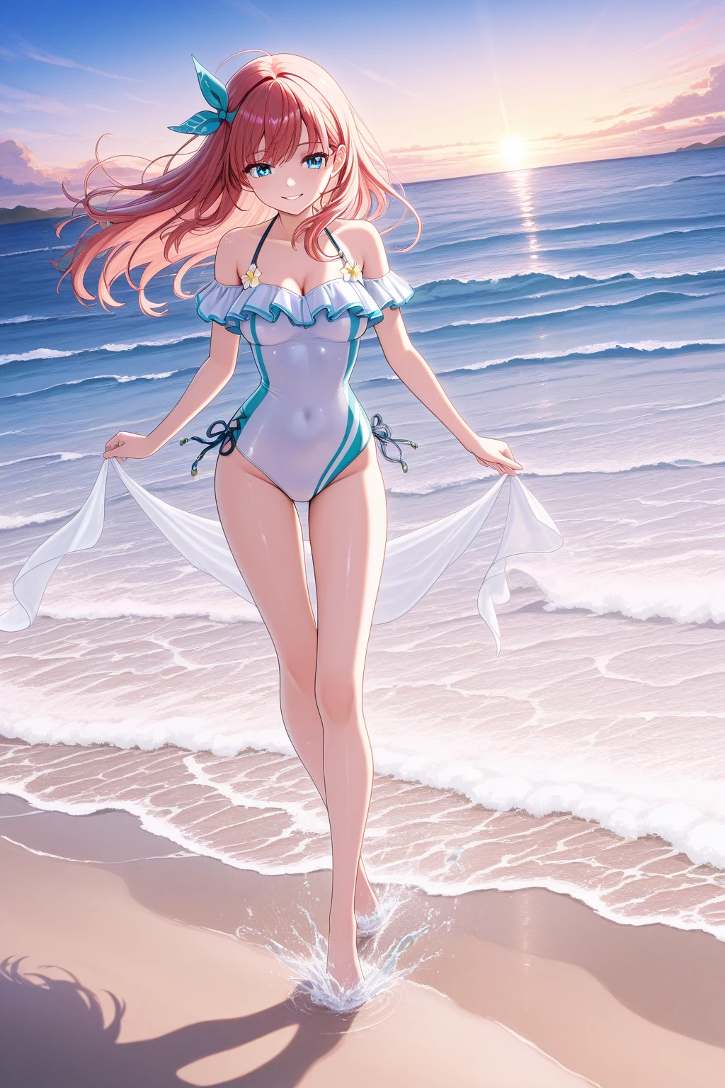 Random patterned swimsuit、Random Swimsuit、Swimsuits in random colors、Random pose、、Acme Face、Random pose、, Pale purple eyes、Semi-long hair、Dark red hair、Sandy Beach、、、nsfw、Highest quality、1 girl、solo、Ocean、Sexy pose、Random pose、Blushing、wet、Embarrassed、I can see half of my 、、One Piece Swimwear、(Strap slip:1.3)、Swimsuits in random colors、Swimwear
