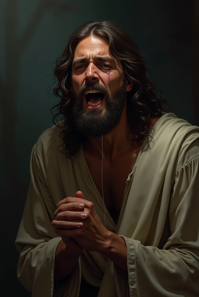 Jesus Christ returning, he is choking, with his hands on his neck, he vomits, showing that he is choking, something strange comes out of his mouth, realistic image, 16:9 photo quality, 4k