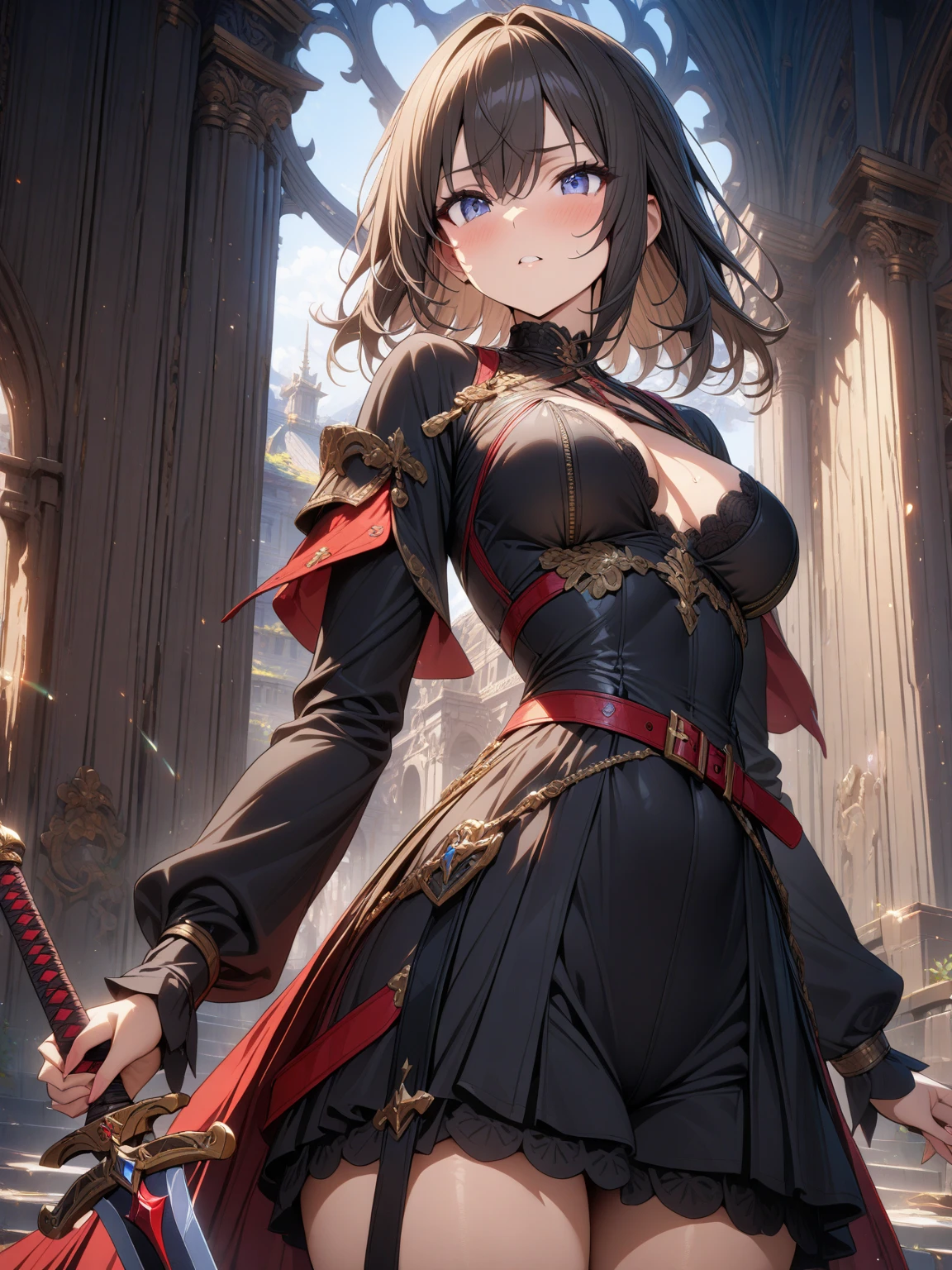 (masterpiece), (highest quality), (illustration), (super detailed), (high resolution), absurdity, 1girl,maple \(bofuri\), itai no wa iya nano de bougyoryoku ni kyokufuri shitai to omoimasu,fantasy town,high ,castle walls,night,blush,shocked,cowboy shot,big breasts,cleavage,breast grab