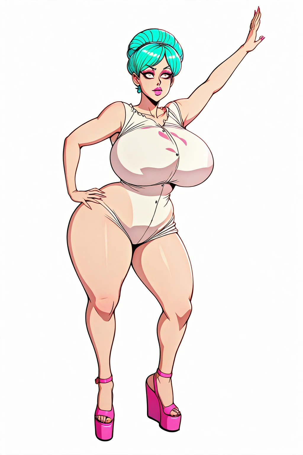 masterpiece, highest quality, High resolution, One girl, solo, sexual intercourse, Pornographic images, short hair, etsukoto, brown Eyes, fine grain, fine grain, long legs, (((Thick thighs, Plump thighs, Voluptuous thighs, Thighs alone are enough))), Huge and ample breasts, Cleavage, big long breasts, Naughty big,((big breasts are important))、((Naughty thighs)), L Cup, (thin:1.4),(Tight waist:1.4), (white swimsuit:1.4), anguish, blash, (((Simple Background))), ((Wide Hips)), Shiny, Oily skin, Mature mother, Calf, Seductive mature woman, milf, Perfect body, Plus Size Model, curvy, ample, etsukoto, blush, clavicle, retro artstyle, 1990s (style), (thick thighs:1.4), bursting breasts, full body, feet, (from side:0.9),