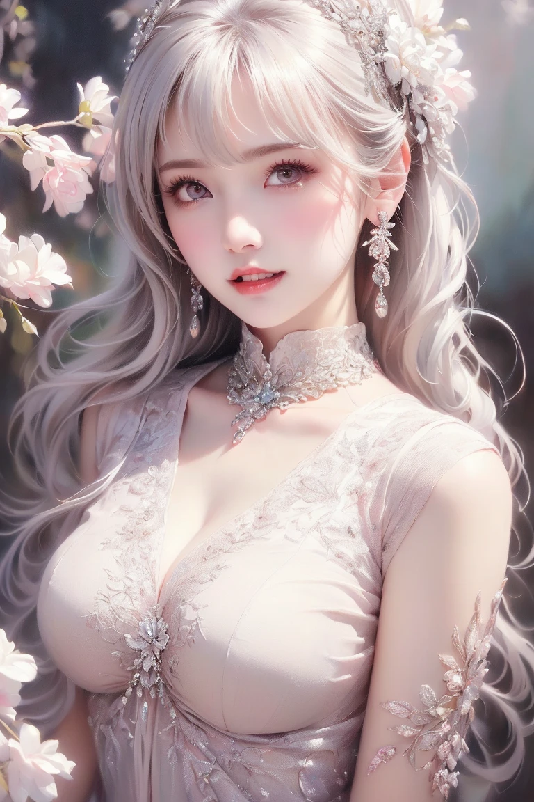 (Highest quality, 8k, CG, Beautiful and detailed whole body, , , Transparent coat dress, Floral Background, Complex facial features, length, Floating Hair, Almond Eye, Exquisite eye makeup, length eyelashes fluttering, Blinking big eyes, Starry Sky, Delicate lip detail, Soft and harmonious style)、cute、sexy, cute girl, face