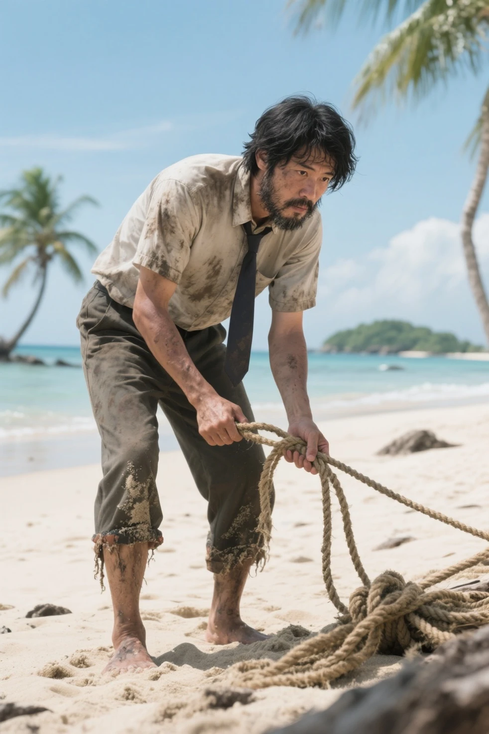 1980 portrait of HidetoshiNishijima as a fisherman in underwear pulling a new catch of spaghetti from the ocean, professional photography, Canon 5 0 mm, 4K, 2K, cinematic lighting, Masterpiece photography, Wes Anderson, film, Kodachrome, Polaroid.