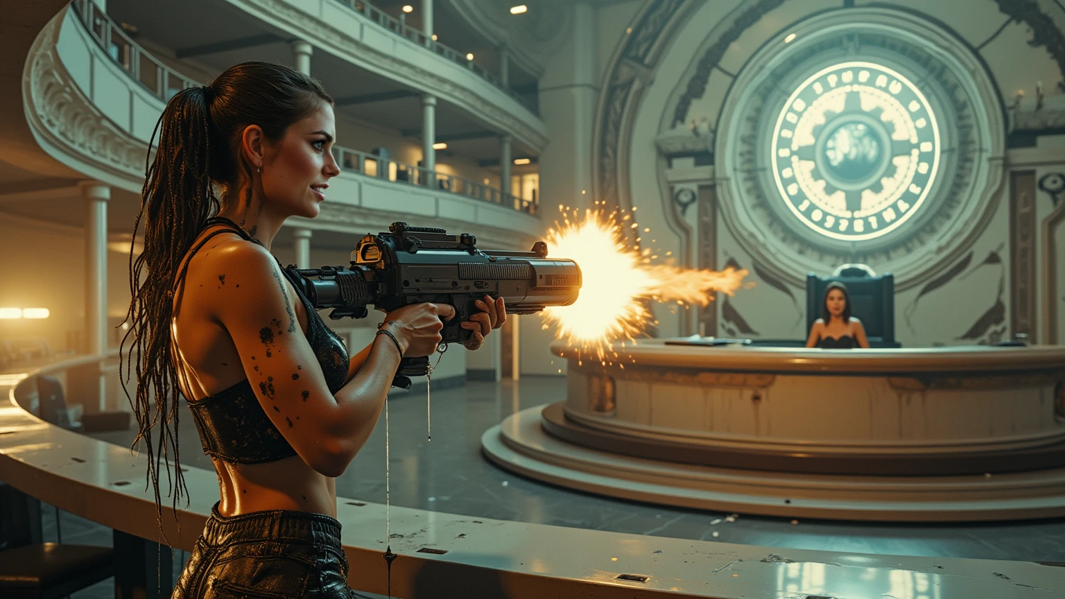 a woman (Florence Faivre) holding a gun in front of a male android, cyberpunk art by Adam Rex, cgsociety, retrofuturism, reimagined by light and industrial magic, futuristic, science fiction