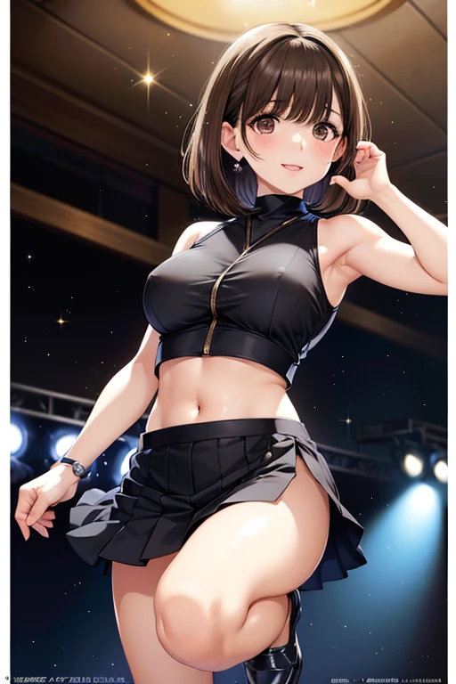 best quality, a beautiful woman, medium breasts, athletic body, slim body, nice breasts, (tube top, underboobs:1.2), (miniskirt, arm gloves, choker, thighhighs), wavy hair, twintails, smile, parted lips, (raving at the grand techno club with elaborate details, dj podium and crowd in the background), evening, intricate details, soft tones, clean lines, perfect illustration, natural lighting, 8k