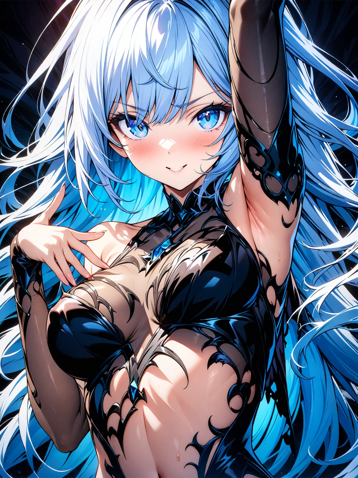 (((1 girl))), ((detailed blue eyes)), ((long silver hair)), large breasts, curvy hips, perfectly drawn body, seductive smile, nightgown, laying on a bed, best quality, masterpiece, ultra-detailed
