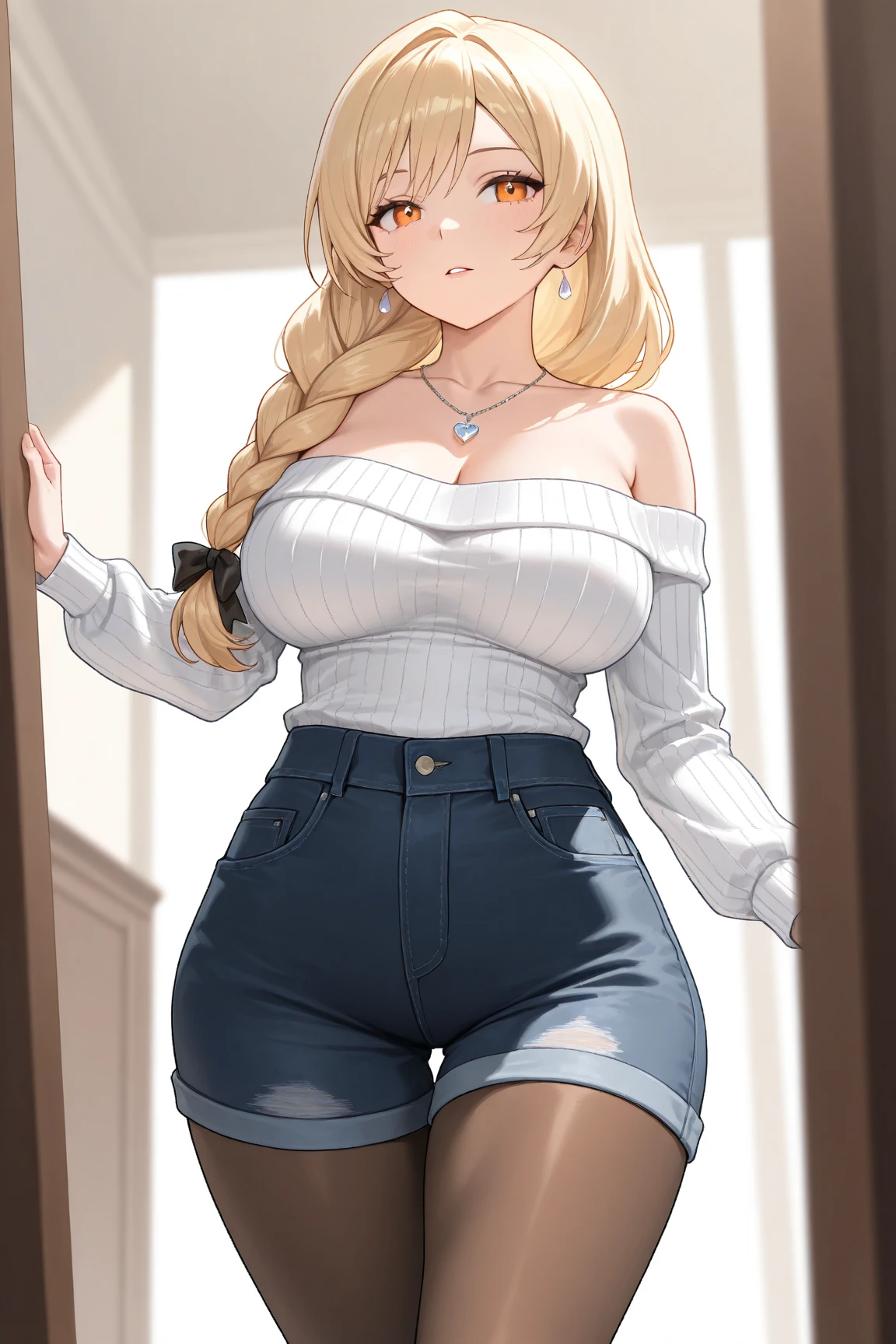 2D Illustration, anime, a painting portrait in fine arts, in manhwa style, {{Bishamon de noragami}}, 30 anos de idade,, mulher,1 garota, loiro, cabelo longo, olhos roxos, inventar, lindo, High definition, Obra de arte, melhor qualidade, alto detalhe, alto detalheed eyes, Grain Filter, detailed lips, high resolution, ultra-detalhado, retrato, mulher caucasiana, realistic proportions, Anatomicamente preciso, bochechas rosadas; alta qualidade, premiado, high resolution, 8K, ((altamente detalhado:1.3), com volumosos cabelos ondulados, With peach loiroe bangs and olhos roxos and voluminous lips, {{cropped preto}, ((jeans curtos)), Anime style illustration, Ganhar

