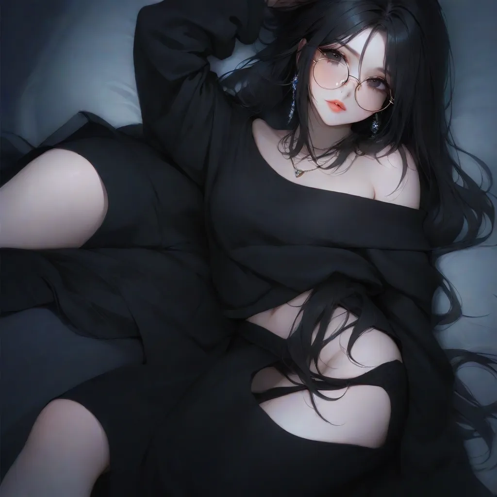 A light-toned oil painting depicting a girl in white skin in a white blouse with turquoise glasses long legs and long black hair and white silk --auto --s2