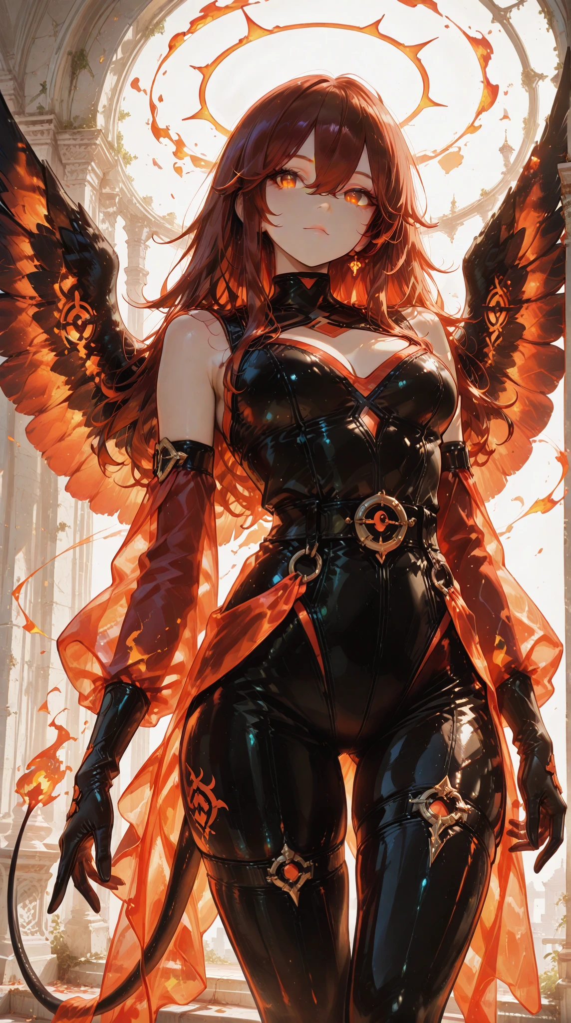 Woman, ((red clothing made of fire)), hairstyle, makeup, detailed face, eyes, lips, phoenix wings, subtle smile, waist, hips, ultra detailed digital drawing, colored, perfect body proportion, intricate details, beautiful detailed intricate face, intricate artwork masterpiece, ominous, approaching perfection, highly detailed, smooth, trending on artstation, sharp focus, perfect composition, concept art, dark background, vibrant